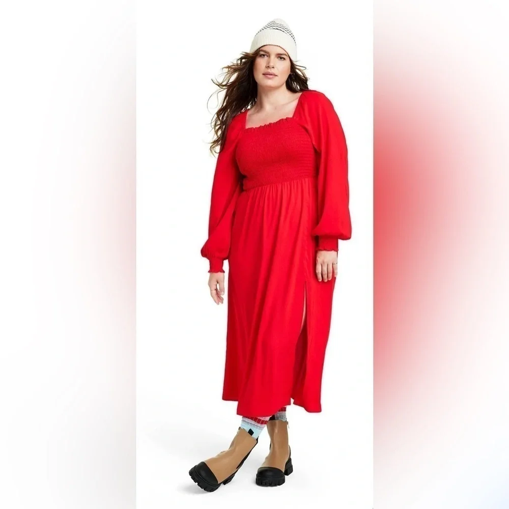 La Ligne x Target Red‎ Smocked Bodice square neck dress